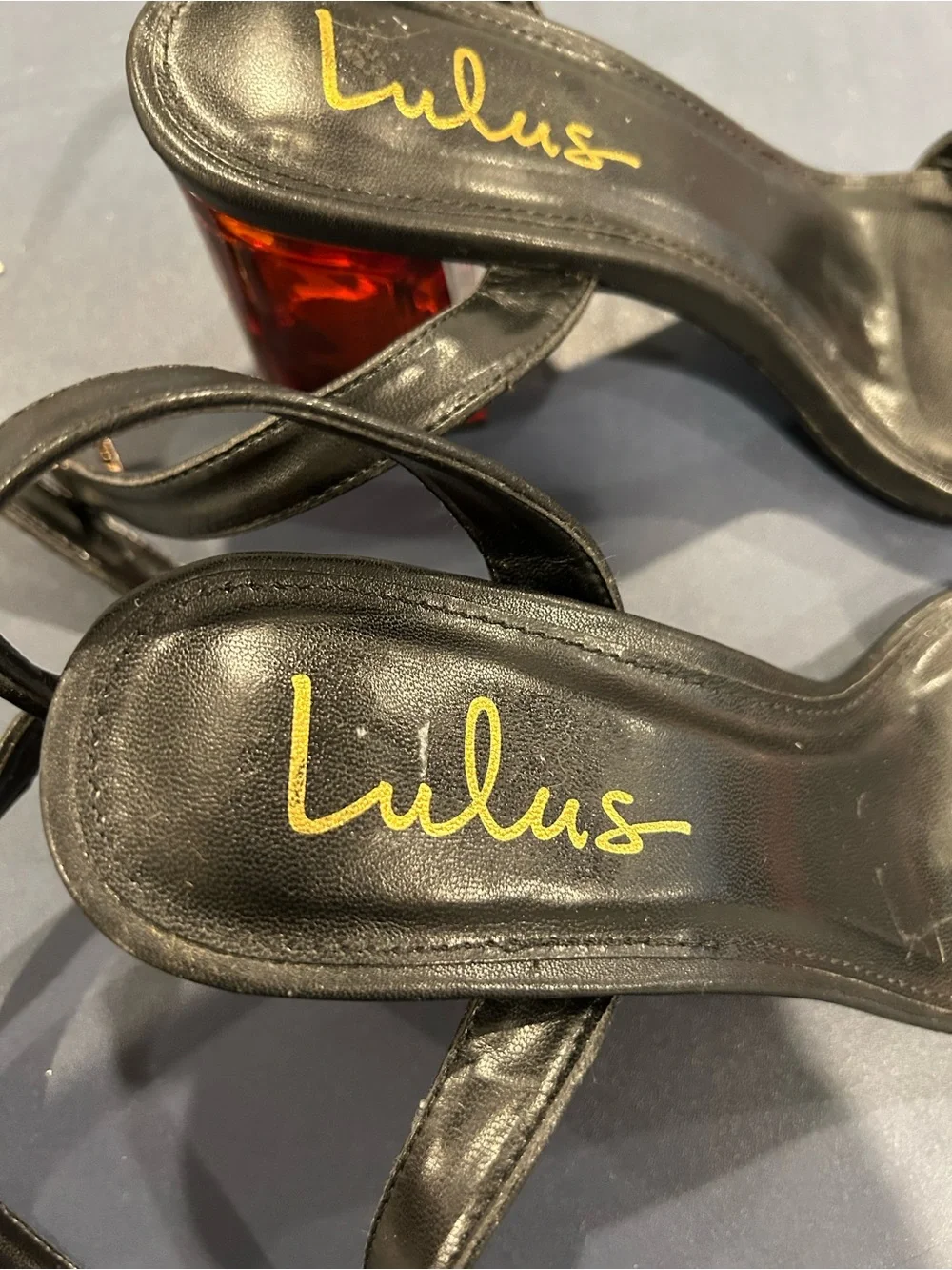 Lulu's Black Ankle-Strap Block Heel Sandals with Red Accent Heel